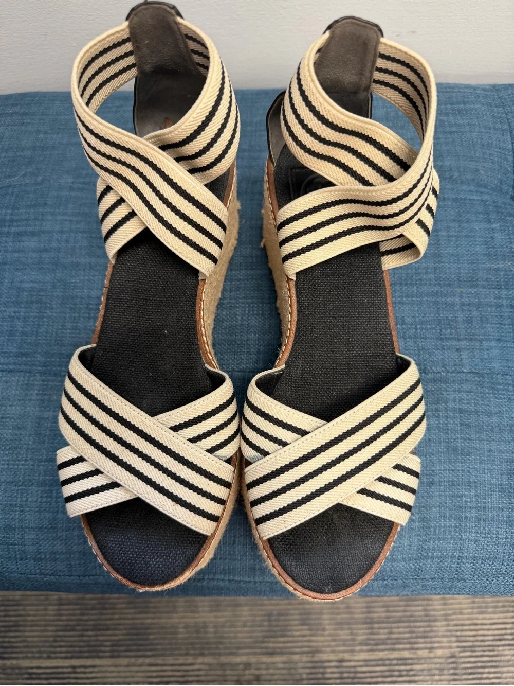 Tory Burch Black and Cream Striped Espadrille Platform Sandals
